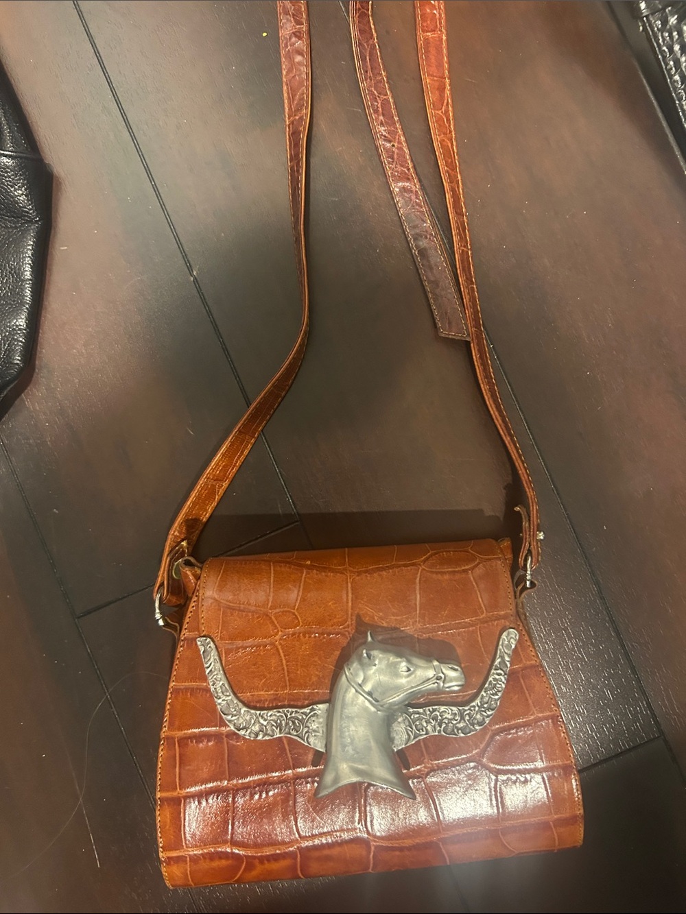 Ann Turk vintage Brown Croc-Embossed Leather Crossbody with Horse Accent